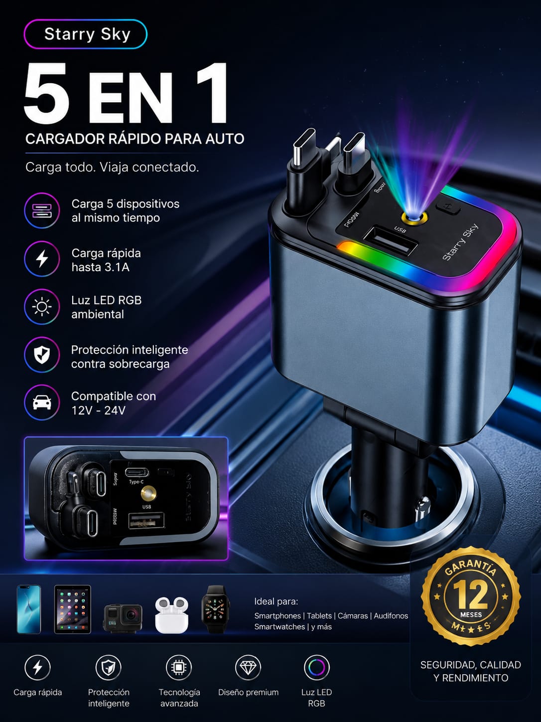 CARGADOR DE CELULAR PARA CARRO 5 EN 1 (PIDELO AL WHTSP 982208040)