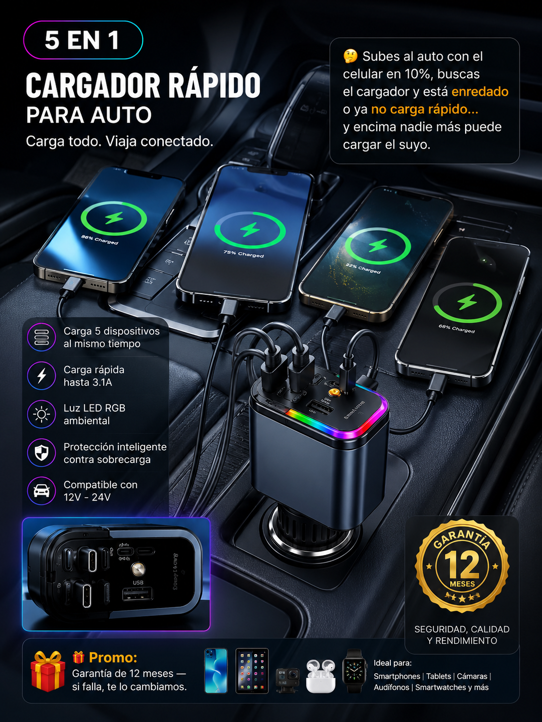 CARGADOR DE CELULAR PARA CARRO 5 EN 1 (PIDELO AL WHTSP 982208040)